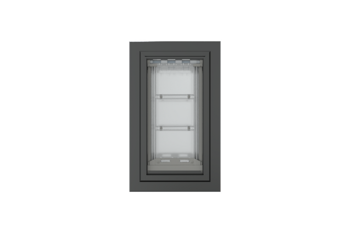 Front view of a black, double flap Endura Flap dog door for wall. This endura flap dog door is a top choice for pet owners.
