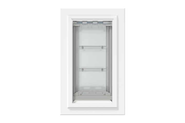 Front view of a white, double flap Endura Flap dog door for wall. Consider this endura flap double flap wall mount pet door for energy efficiency.
