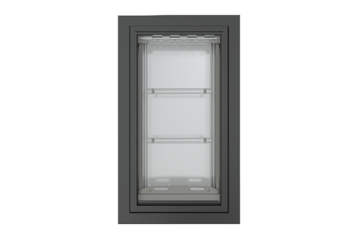 Front view of a black, double flap Endura Flap dog door for wall. This endura flap dog door is a top choice for pet owners.