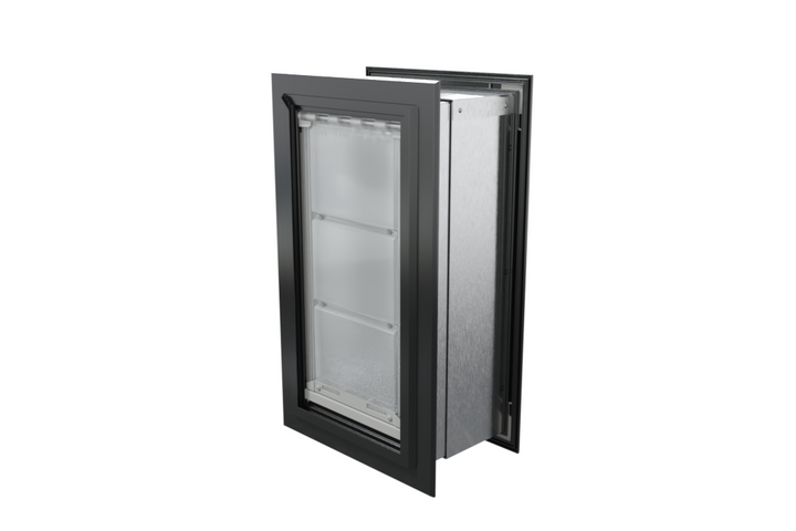 Angled view of a closed, black Endura Flap double flap wall mount pet door. This heavy duty dog door for wall provides excellent insulation.