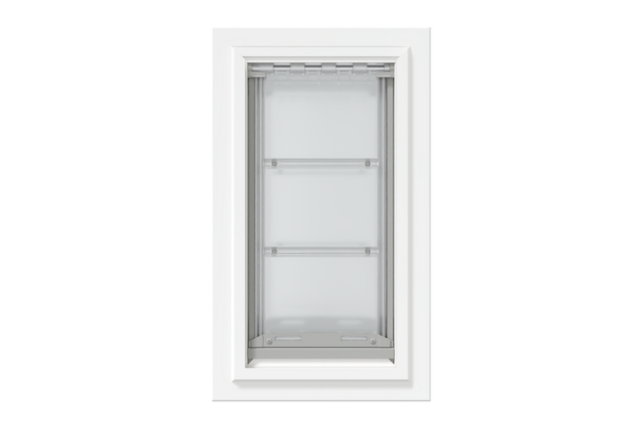 Front view of a white, double flap Endura Flap dog door for wall. Consider this endura flap double flap wall mount pet door for energy efficiency.