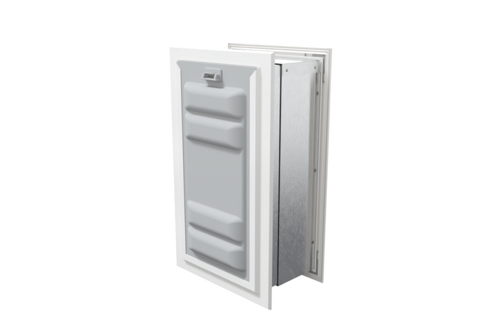 Angled view of a white endura flap pet door for wall with a locking cover. This double flap dog door offers enhanced security.