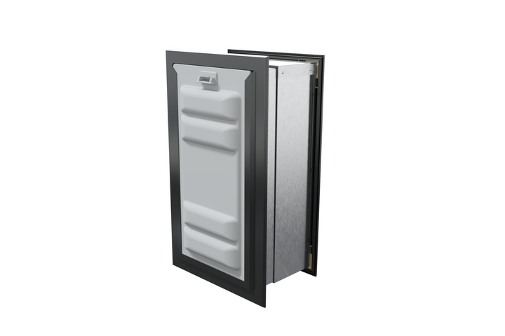 Angled view of a black endura flap pet door for wall with the locking cover. Secure your home with this wall mount dog door.