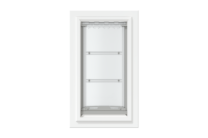 Front view of a white, single flap Endura Flap dog door for wall. This is a popular choice for pet owners seeking reliable dog doors for walls.