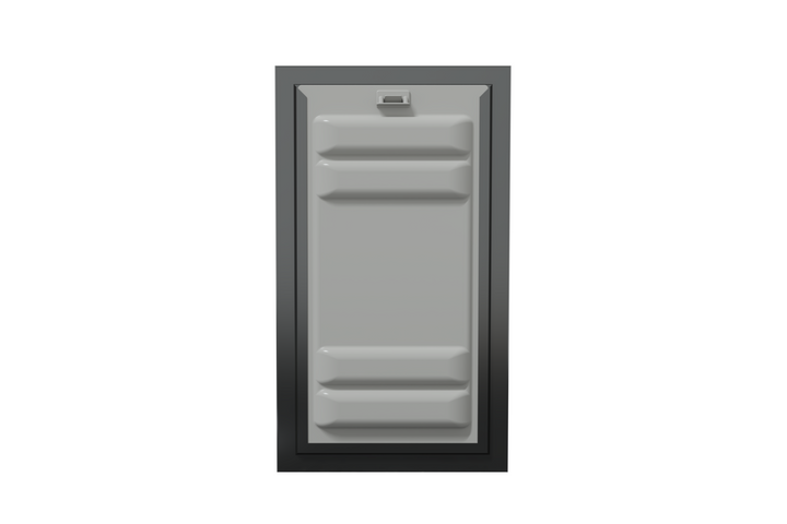 Front view of a black Endura Flap single flap wall mount pet door with the locking cover. This highlights the security features of this endura dog door for wall.