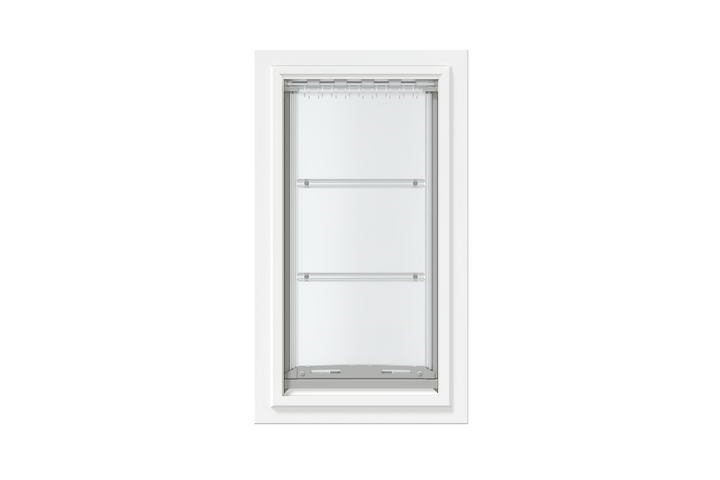 Front view of a white, single flap Endura Flap dog door for wall. Find the best dog doors for walls like this endura dog door.