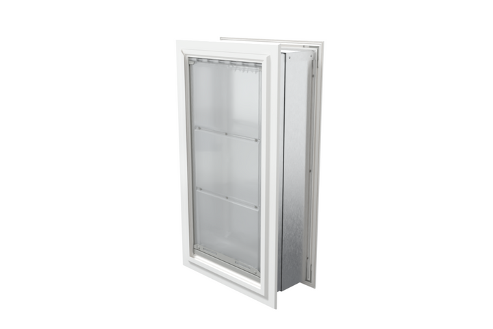 Angled view of a closed, white Endura Flap double flap wall mount pet door. This insulated dog door for wall helps maintain your home's temperature.