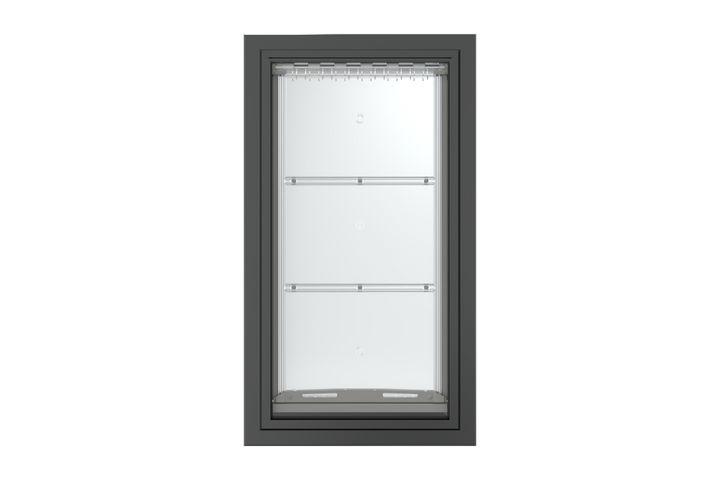 Front view of a black, single flap Endura Flap dog door for wall. This durable wall doggy door is a great option for pet owners.
