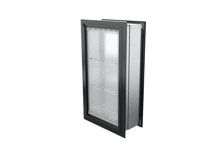Angled view of a closed, black Endura Flap single flap wall mount pet door. Consider this energy-efficient endura flap dog door for your dog doors for walls needs.