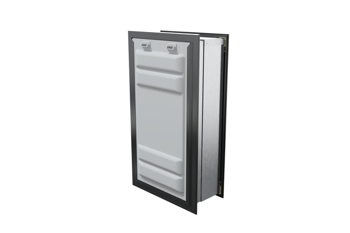 Angled view of a black endura flap pet door for wall with the locking cover. Secure your home with this wall mount dog door.