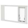 A close-up of a white Dragon brand double flap pet door insert for aluminum sash windows, slightly tilted open.