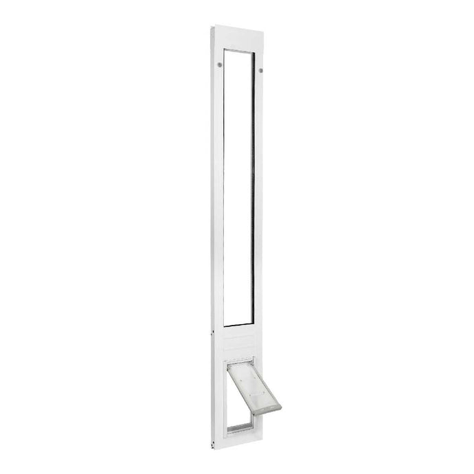 A white sliding glass door pet door insert with an open, clear flap._Color_White