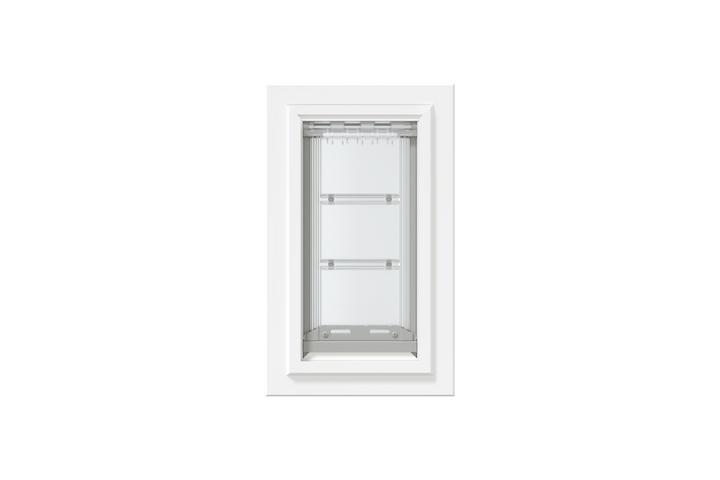 Front view of a white, single flap Endura Flap dog door for wall installation. This durable and energy-efficient endura flap pet door is a perfect solution for pet owners looking for secure dog doors for walls.