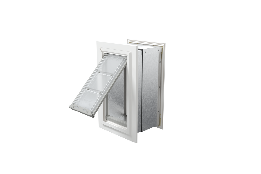 Angled view of an open, white Endura Flap single flap wall mount pet door. This easy-to-use dog door for wall is perfect for your furry friend.