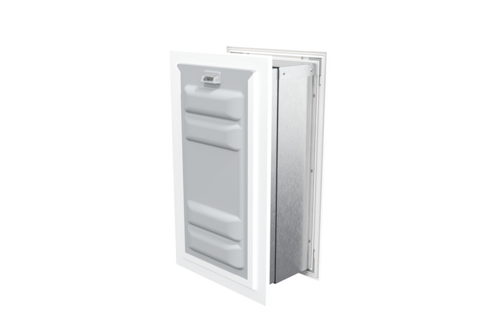Angled view of a white endura flap pet door for wall with a locking cover. This single flap wall mount pet door offers both security and convenience.