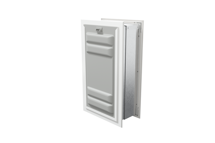 Angled view of a white endura flap pet door for wall with a locking cover. This double flap dog door offers enhanced insulation and security.
