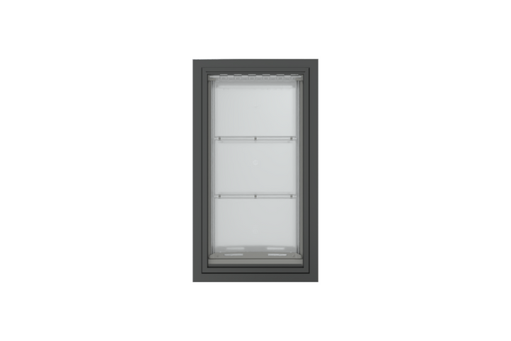 Front view of a black, double flap Endura Flap dog door for wall. This endura flap dog door is a top choice for pet owners with larger breeds.