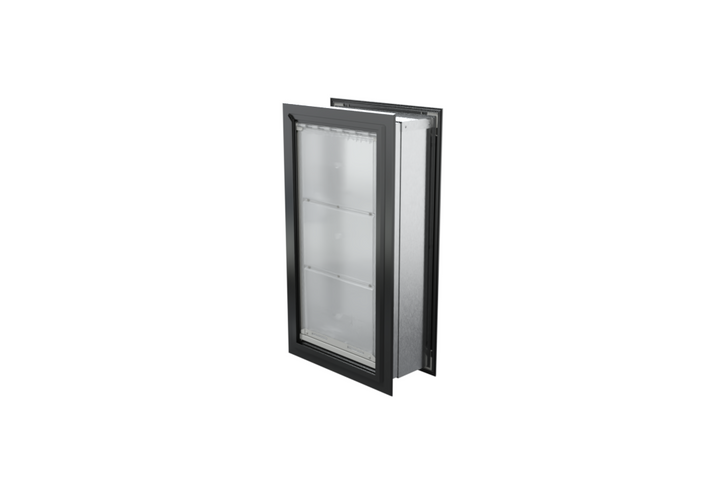 Angled view of a closed, black Endura Flap double flap wall mount pet door. This heavy duty dog door for wall provides excellent insulation.
