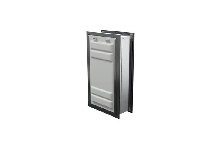 Angled view of a black endura flap pet door for wall with a locking cover. Secure your home and provide pet access with this wall entry pet door.