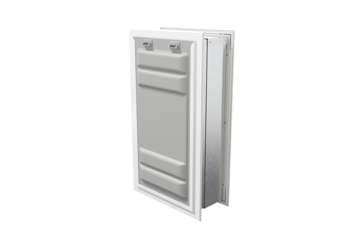 Angled view of a white endura flap pet door for wall with a locking cover. This double flap dog door offers enhanced security.