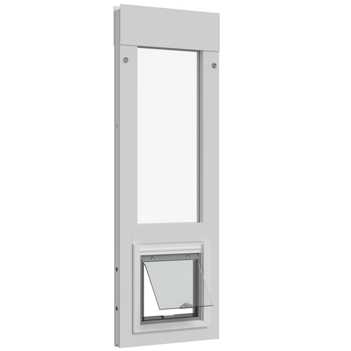 White-framed window insert with a pet door.