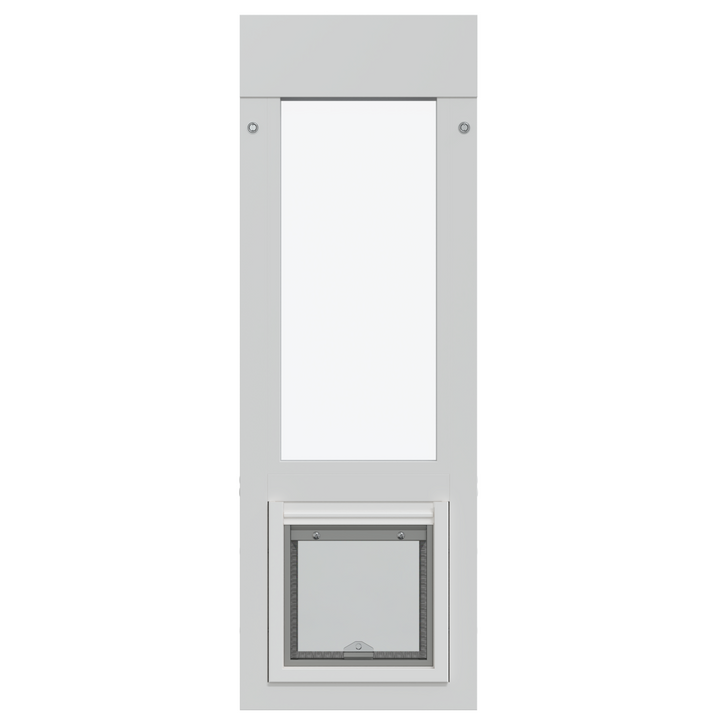 A white door insert with a glass panel above a pet door.