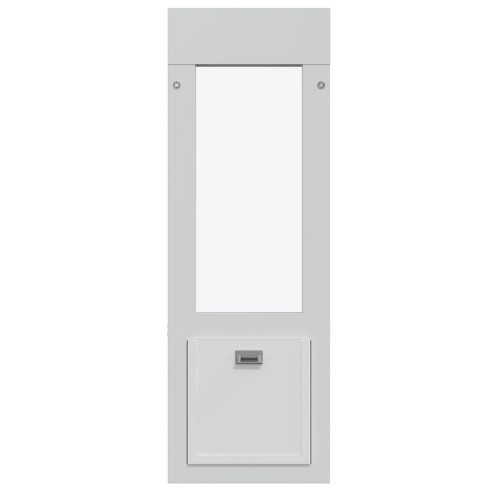 A white utility cabinet with a door and a window.