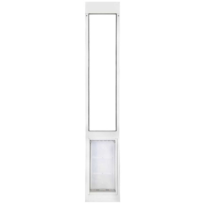 White framed sliding glass door insert with pet door._Color_White