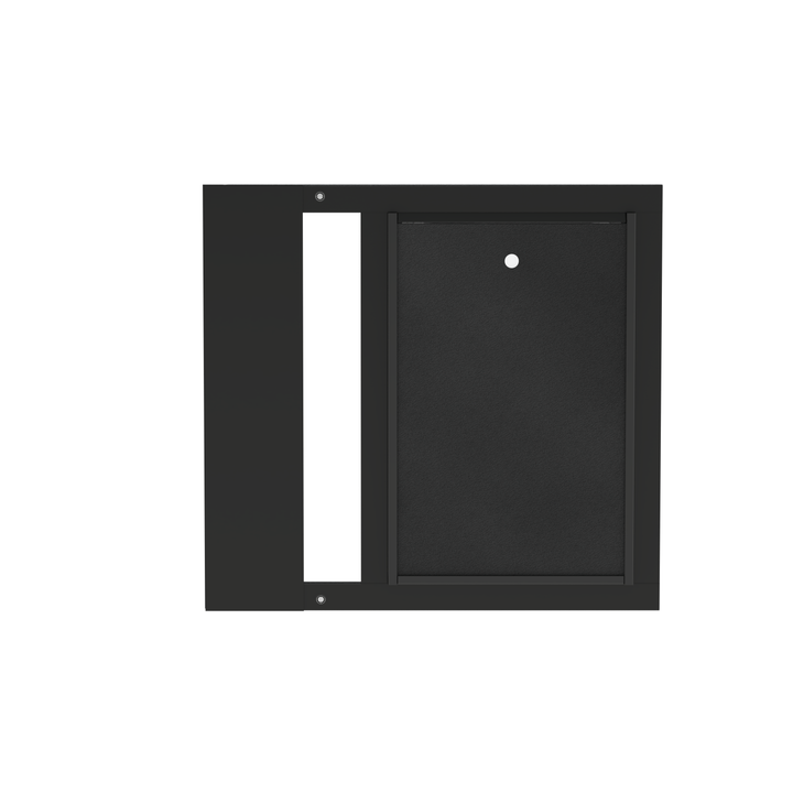 Black Dragon double flap pet door insert for aluminum sash windows, front view, closed, with locking cover. Easy installation with spring-loaded mechanism.