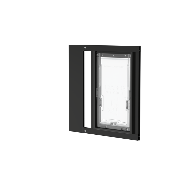 Black Dragon double flap pet door insert for aluminum sash windows, front view, tilted. Translucent, flexible flap allows easy access for pets of all sizes.