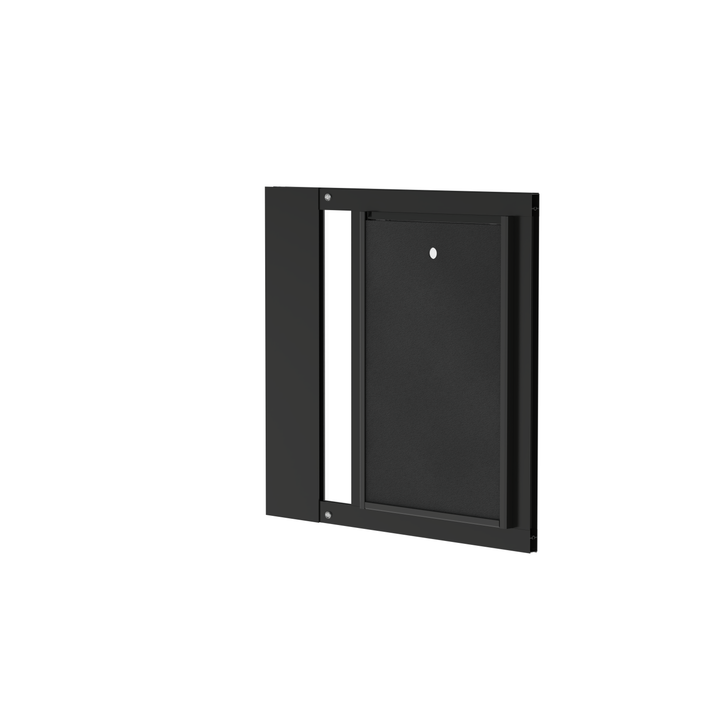 Black Dragon double flap pet door insert for aluminum sash windows, front view, tilted, with locking cover. Sturdy aluminum framing available in black or white, with UV-resistant additives for durability.