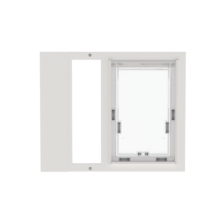 White Dragon double flap pet door insert for sash windows, front view, angled. Sturdy aluminum framing available in black or white, with UV-resistant additives for durability.