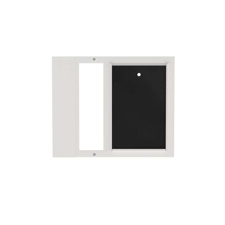White Dragon double flap pet door insert for aluminum sash windows, front view, closed, with locking cover. Top-loading locking cover restricts pet access and adds security when needed.