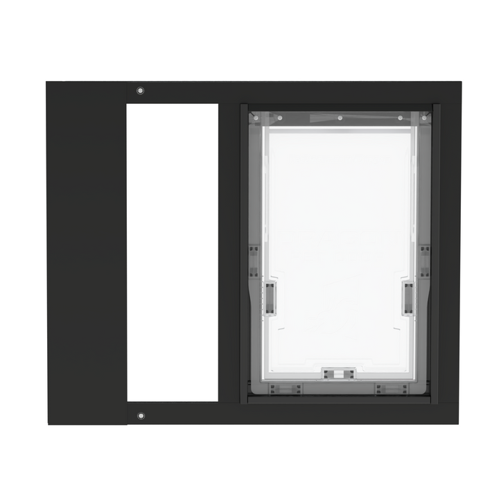 Black Dragon double flap pet door insert for aluminum sash windows, front view, closed. Sturdy aluminum framing available in black or white, with UV-resistant additives for durability.