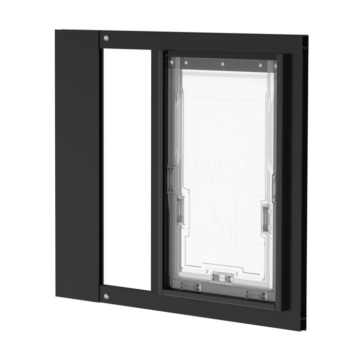 Black Dragon double flap pet door insert for aluminum sash windows, front view, tilted. Translucent, flexible flap allows easy access for pets of all sizes.