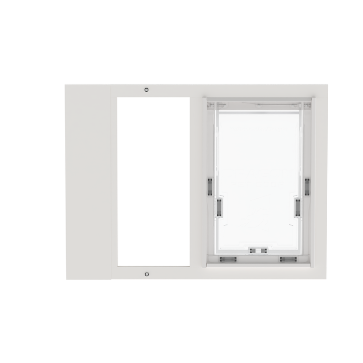 White Dragon double flap pet door insert for sash windows, front view, angled. Top-loading locking cover restricts pet access and adds security when needed.