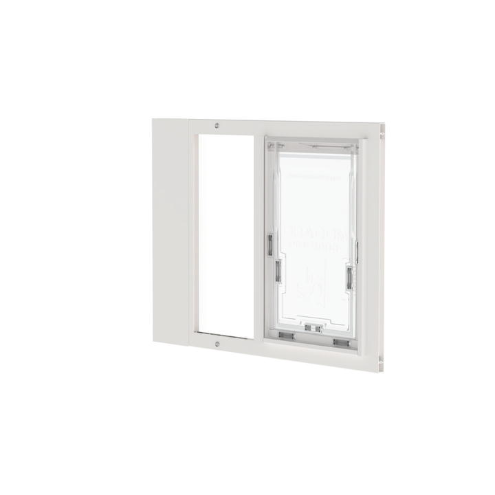 White Dragon double flap pet door insert for aluminum sash windows, front view, tilted. Adjustable width ranges to fit windows 22"-43" wide.