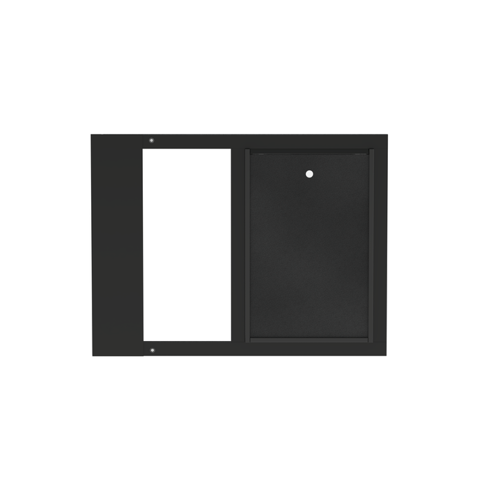 Black Dragon double flap pet door insert for aluminum sash windows, front view, closed, with locking cover. Fits window tracks at least 1" thick for secure fit.