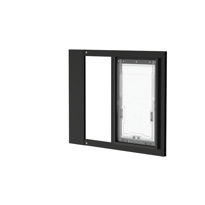 Black Dragon double flap pet door insert for aluminum sash windows, front view, tilted, with locking cover. Ideal for renters or vacation homes.