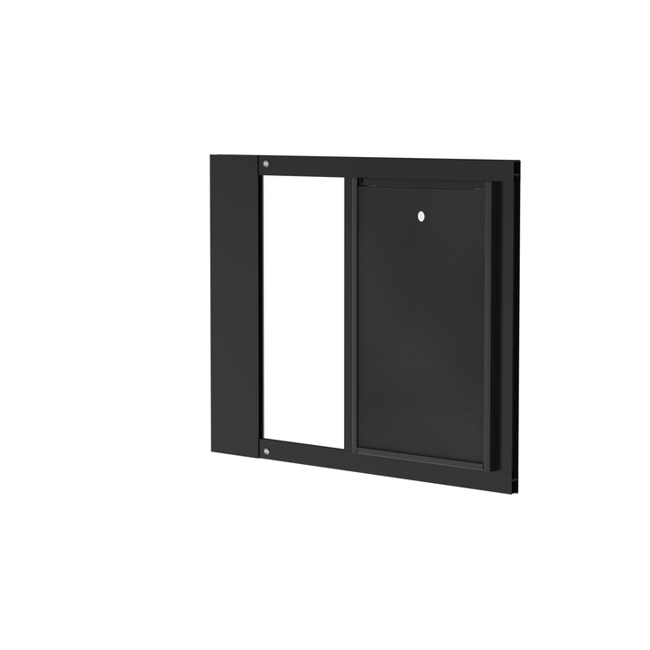 Black Dragon double flap pet door insert for aluminum sash windows, front view, tilted, with locking cover. Sturdy aluminum framing available in black or white, with UV-resistant additives for durability.