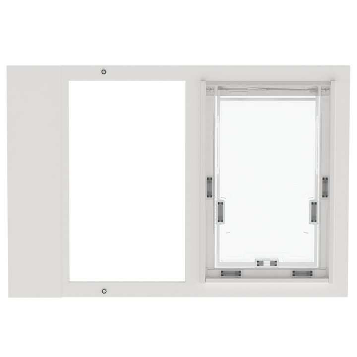 White Dragon double flap pet door insert for sash windows, front view, angled. Designed for sash windows.