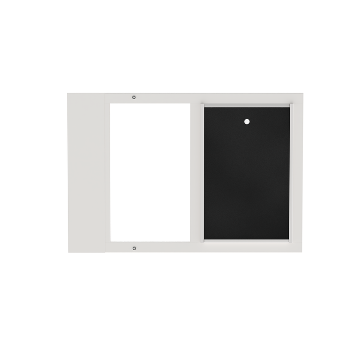 White Dragon double flap pet door insert for aluminum sash windows, front view, closed, with locking cover. Includes sturdy, black, top-loading locking cover.