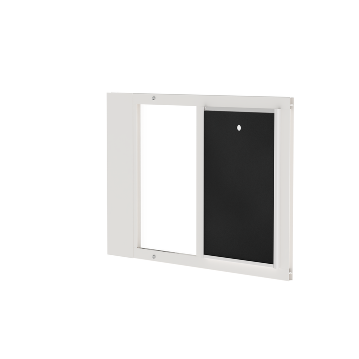 White Dragon double flap pet door insert for aluminum sash windows, front view, tilted, with locking cover. Double flap design maximizes energy efficiency and weather resistance.