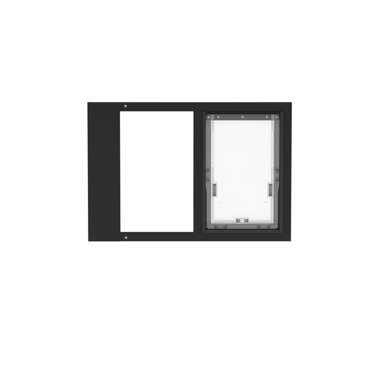 Black Dragon double flap pet door insert for sash windows, front view, angled, with locking cover. Easy installation with spring-loaded mechanism.