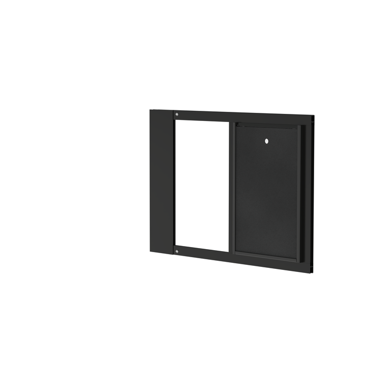 Black Dragon double flap pet door insert for aluminum sash windows, front view with locking cover, slightly open. Top-loading locking cover restricts pet access and adds security when needed.