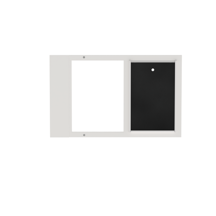 White Dragon double flap pet door insert for aluminum sash windows, front view, with locking cover. Locking cover for added security when needed.