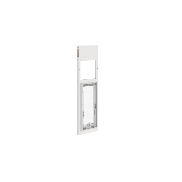 White Dragon double flap pet door for windows, close-up of flap. Double flap design with magnets provides excellent sealing and energy-efficiency.
