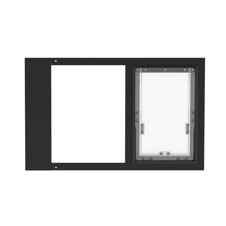 A front view of a black Dragon brand double flap pet door insert for aluminum garden sash windows, closed.