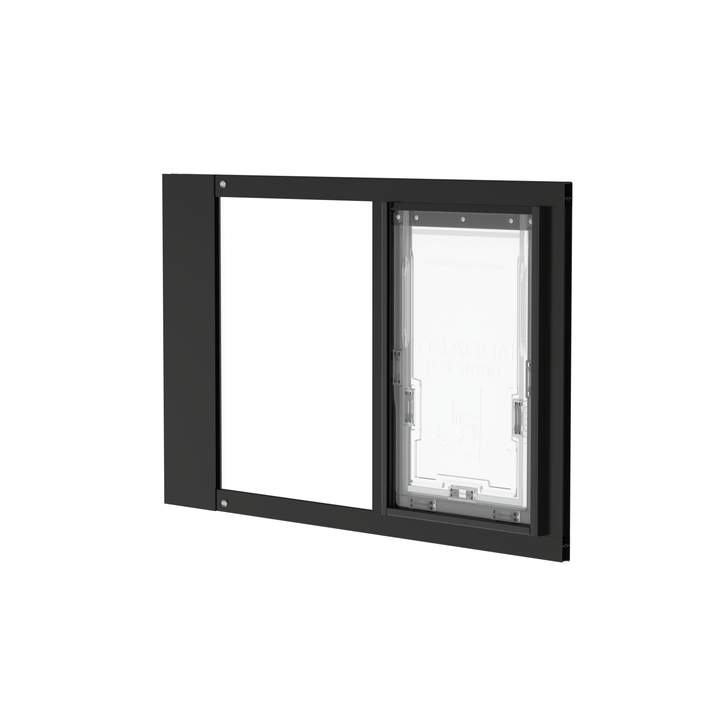 Black Dragon double flap pet door insert for sash windows, front view, angled. Translucent, flexible flap allows easy access for pets of all sizes.