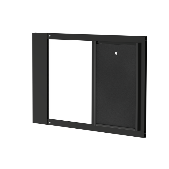 Black Dragon double flap pet door insert for aluminum sash windows, front view, closed. Adjustable to fit windows 22"-43" wide.